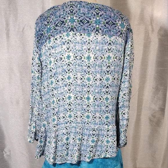 Angie Crop Asymmetrical Blouse, Bell 3/4 Sleeves, Lace,Tie, Paisley Blue+White,M - Picture 4 of 6